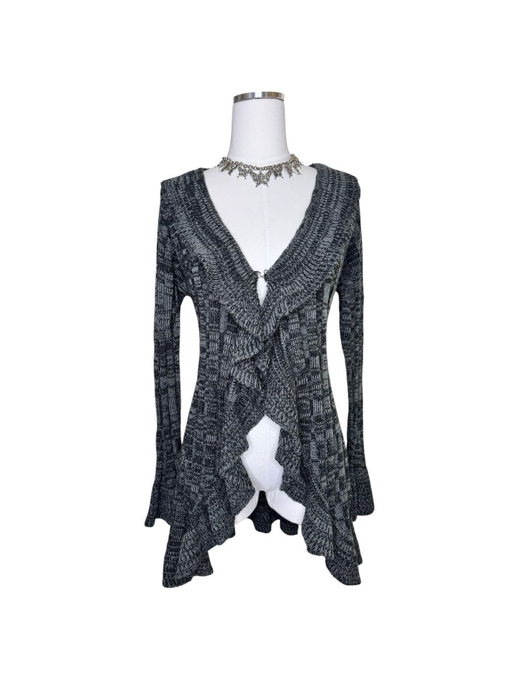 Y2K Brittany Black Gray Ruffled Open-Front Fairy Knit Cardigan Size Large